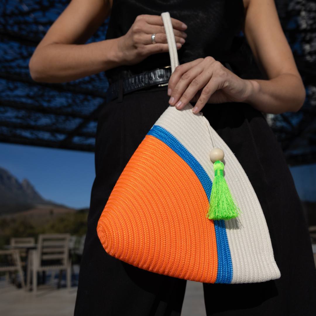Handle Clutch Bag Neon Orange Ocean Blue Poly