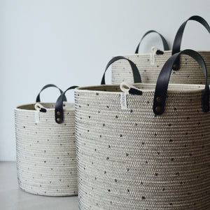 Leather-Trim Cylinder Basket - Polka Dot