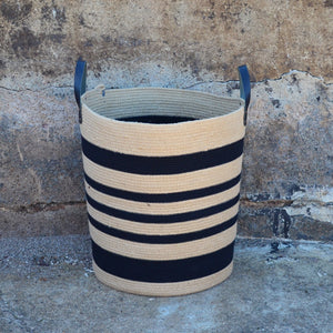 Leather-Trim Basket - Jute & Black Stripes