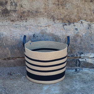 Leather-Trim Basket - Jute & Black Stripes