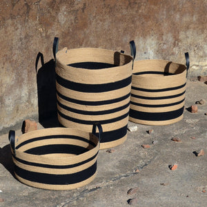 Leather-Trim Basket - Jute & Black Stripes