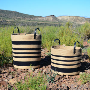 Leather-Trim Basket - Jute & Black Stripes