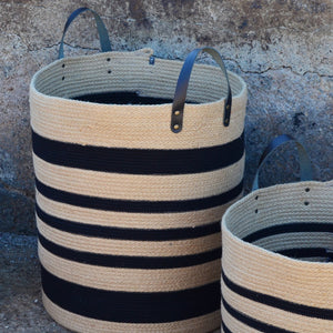 Leather-Trim Basket - Jute & Black Stripes