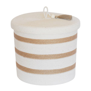 Lidded Cylinder Basket - Ivory & Jute Stripes